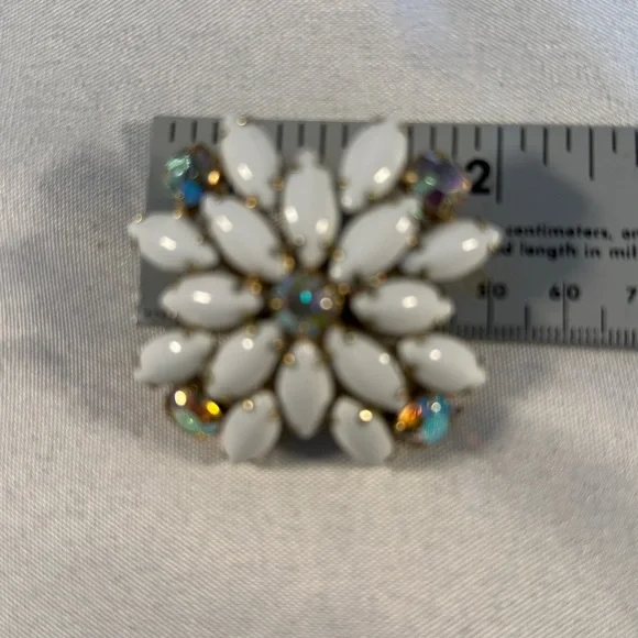 Vintage Milk glass White & AB Iridescent Brooch GUC 2” - Picture 9 of 11